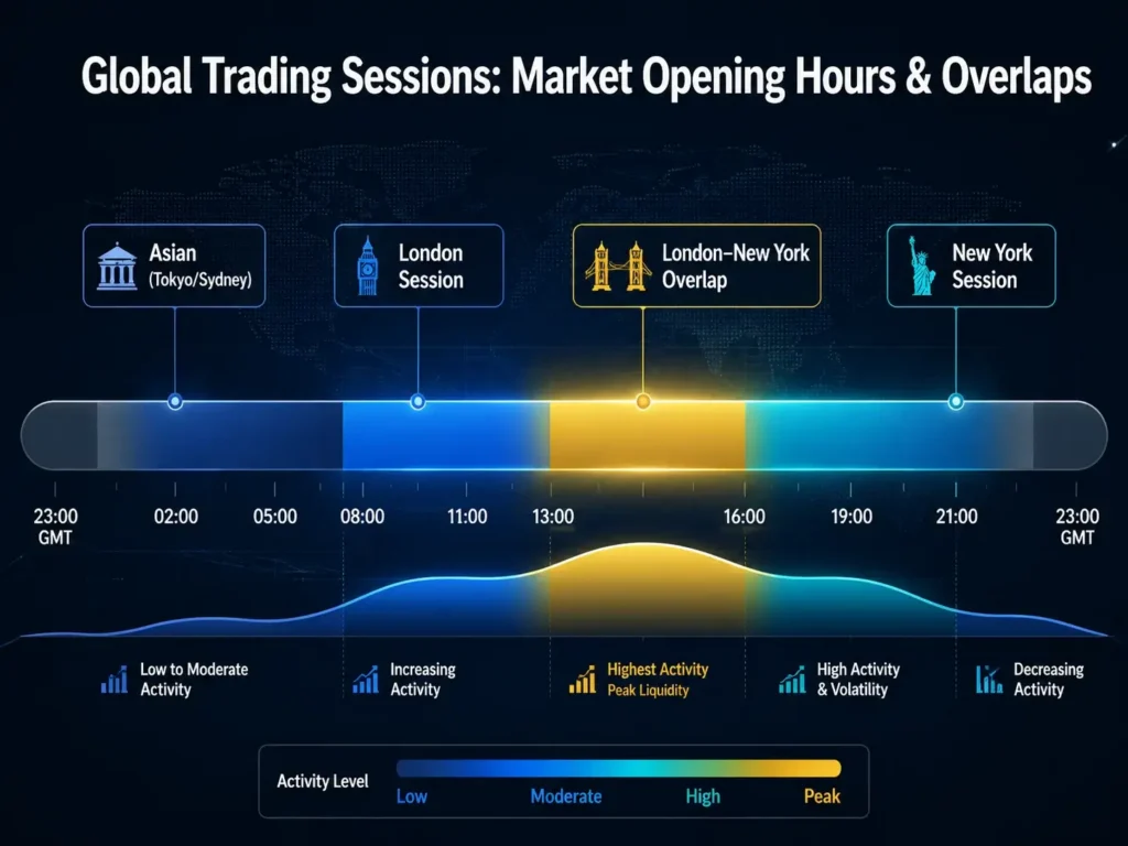 Infographic showing Asian, London, and New York trading sessions, including the London–New York overlap and periods of higher market activity.