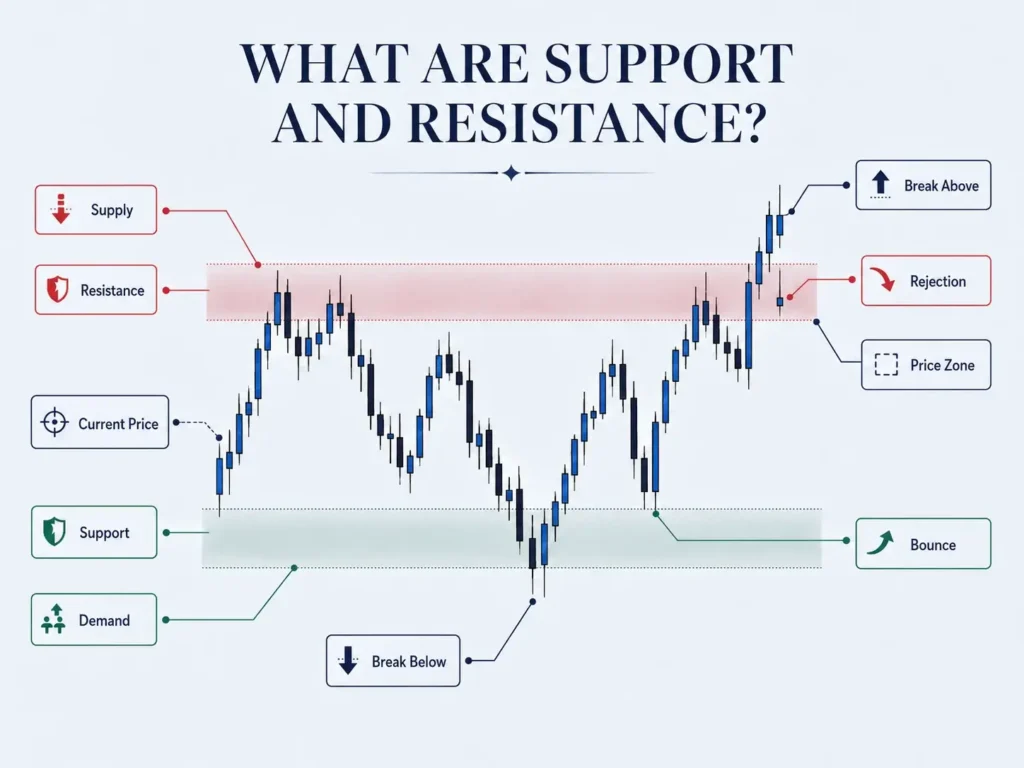 Candlestick price chart showing resistance and supply zones above the current price, support and demand zones below, and examples of rejection, bounce, break above, and break below.