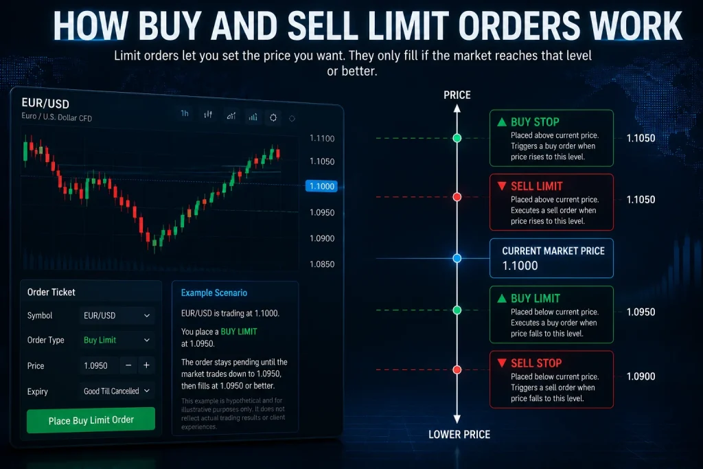 Educational infographic explaining how buy limit, sell limit, buy stop, and sell stop orders work in Forex trading using a EUR/USD example, showing where each pending order is placed relative to the current market price.