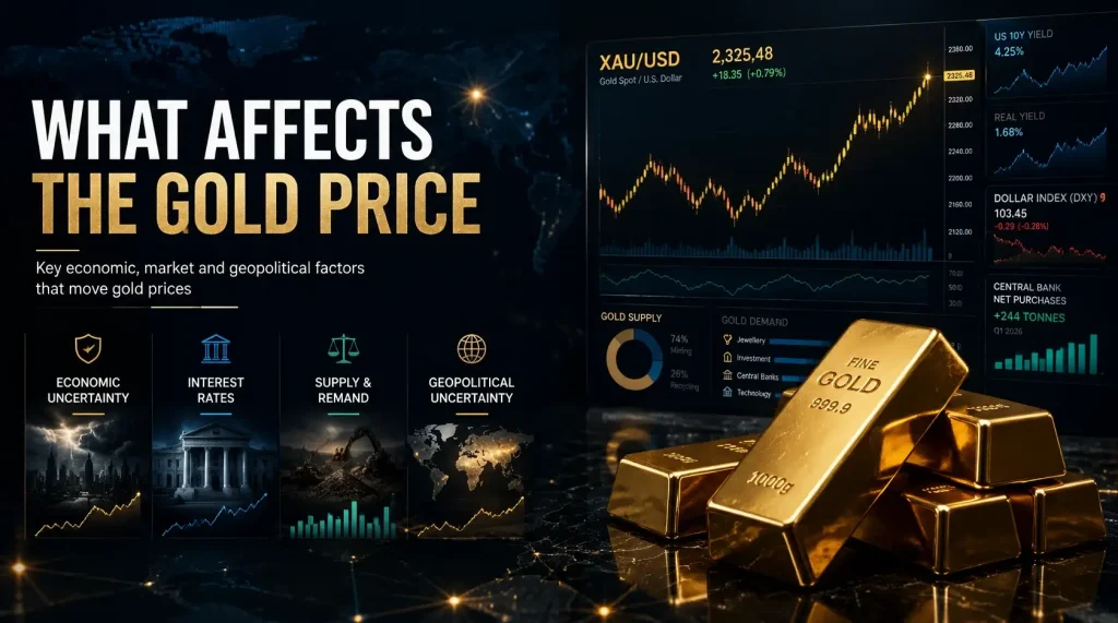 Infographic explaining the main factors that influence gold prices, including economic uncertainty, interest rates, gold supply and demand, and geopolitical events, alongside a live XAU/USD price chart.
