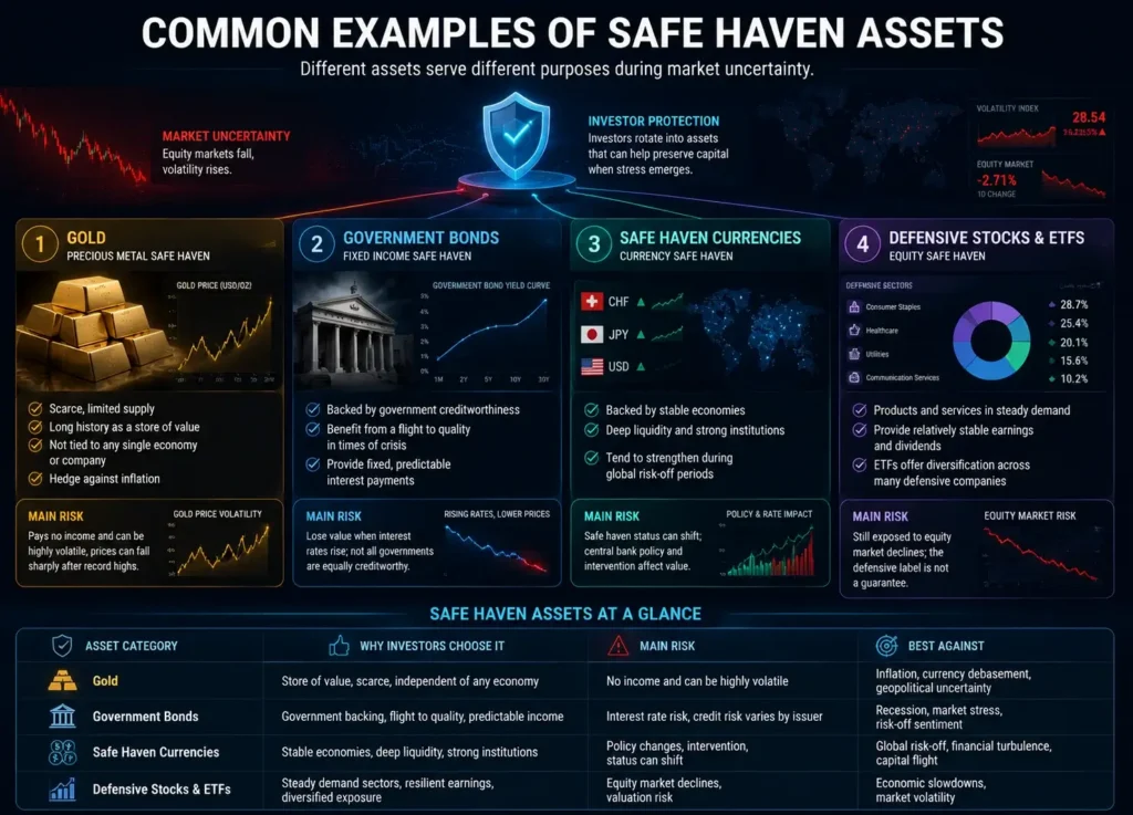 Infographic explaining safe-haven assets, including gold, government bonds, currencies, defensive stocks, their key characteristics, and main risks.