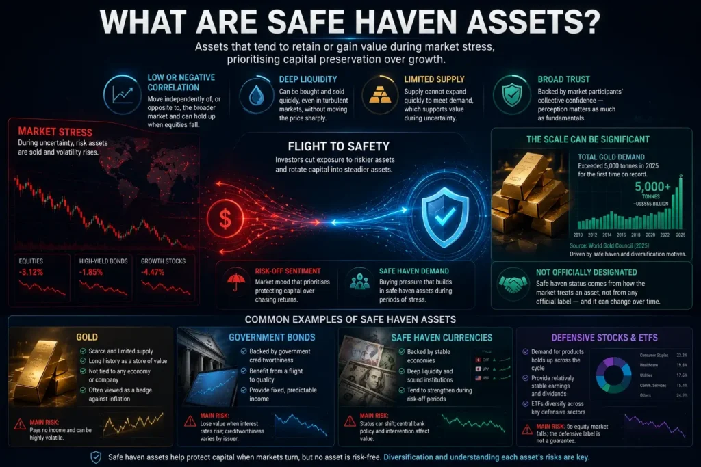 Safe haven assets banner with gold and silver bars, global market graphics, and charts comparing performance, volatility and correlation.