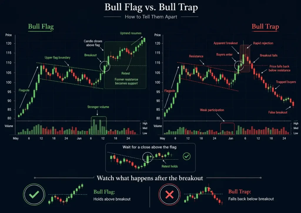 Comparison of a bull flag and a bull trap, showing a confirmed breakout that holds above former resistance versus a false breakout followed by rapid rejection and falling prices.