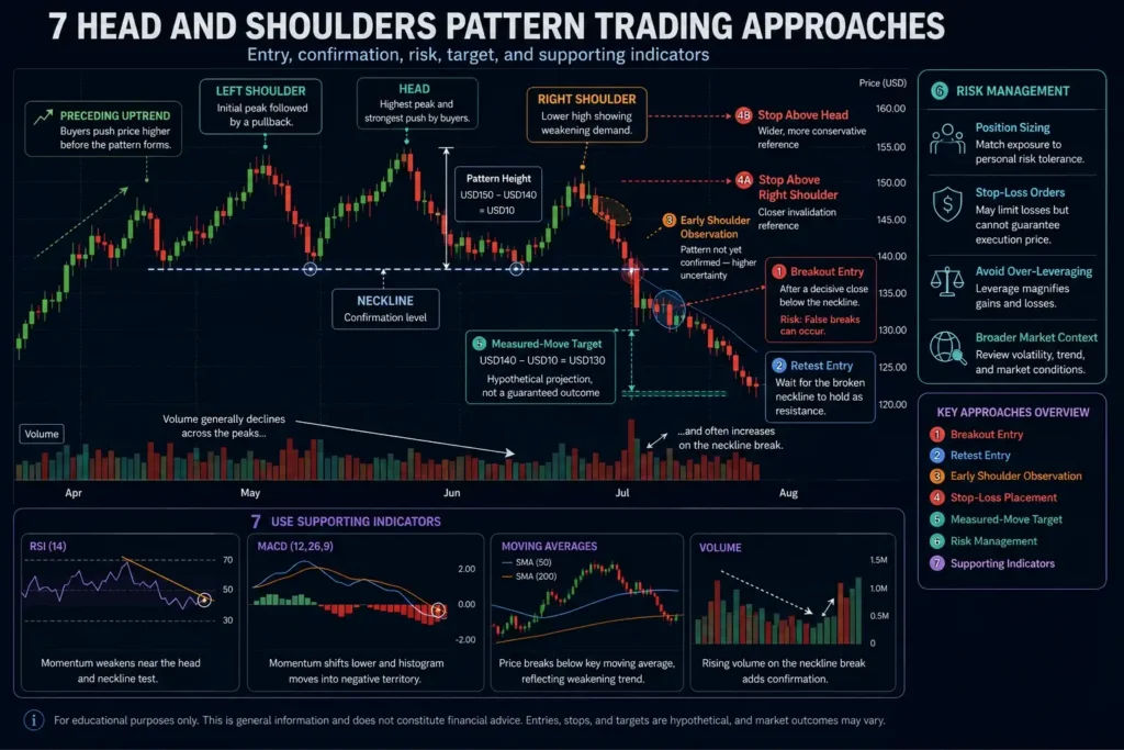 Head and shoulders trading infographic showing seven approaches covering breakout and retest entries, right-shoulder observation, stop-loss placement, measured targets, risk management, and supporting indicators.