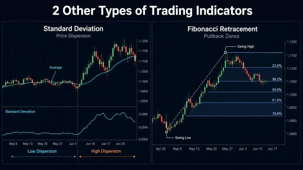Comparison of standard deviation and Fibonacci retracement, showing low and high price dispersion alongside common retracement levels between a swing low and swing high.