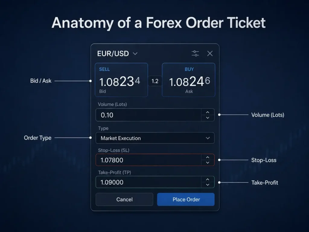 Diagram showing the anatomy of a forex order ticket, including bid and ask prices, volume, order type, stop-loss, and take-profit fields.
