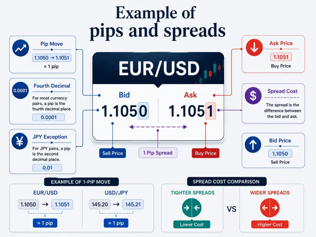 Infographic explaining pips and spreads in forex using EUR/USD, showing a bid price of 1.1050, an ask price of 1.1051, and a 1-pip spread, with examples of pip moves for EUR/USD and USD/JPY.