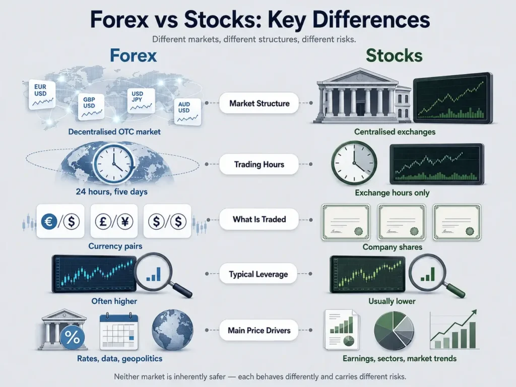 Infographic comparing forex and stocks across five key differences: market structure, trading hours, traded instruments, typical leverage, and main price drivers. Forex is shown as a decentralised OTC market for currency pairs, open 24 hours a day for five days, often with higher leverage and driven by rates, data, and geopolitics. Stocks are shown as centralised exchange-traded company shares with exchange-only hours, usually lower leverage, and price drivers such as earnings, sectors, and market trends.
