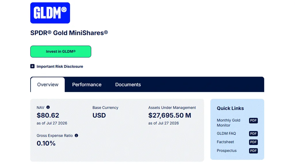 SPDR Gold MiniShares fund overview showing net asset value, assets under management and expense ratio