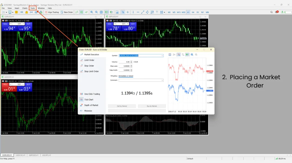 how to place a Market Order on metatratrader 5 Vantage Markets