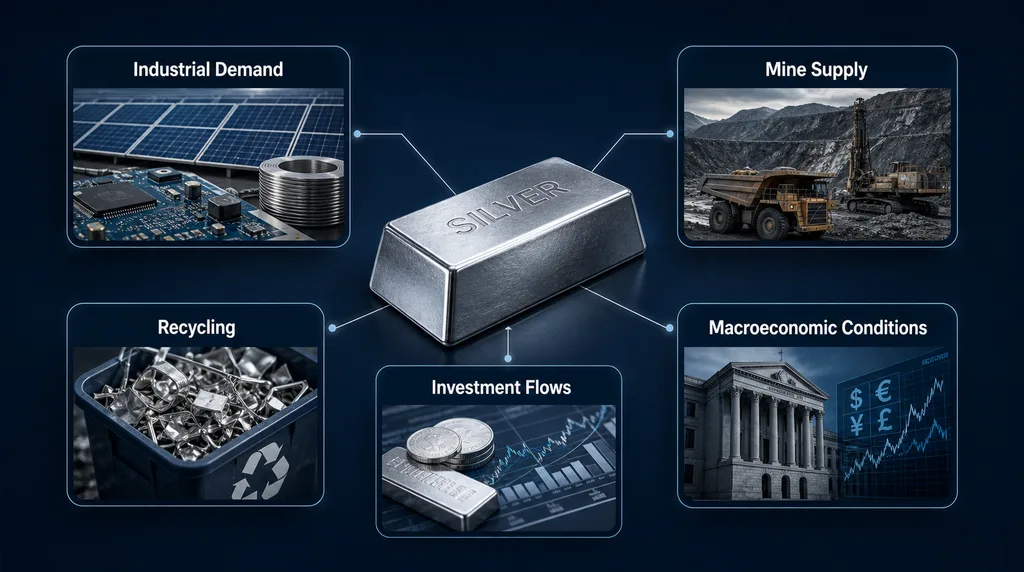 Long-term silver drivers including industrial demand, mine supply, recycling, investment flows and macroeconomic conditions Vantage Markets