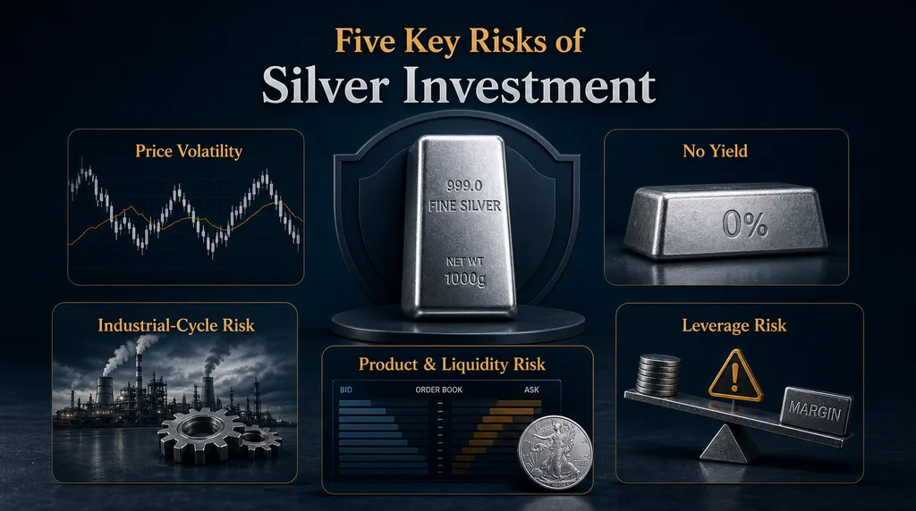 Five risks of silver investment including volatility, no yield, industrial cycles, liquidity and leverage Vantage Markets