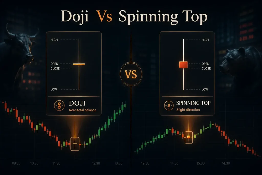 Doji and spinning top candlestick comparison showing body size, open and close levels, and example chart patterns.