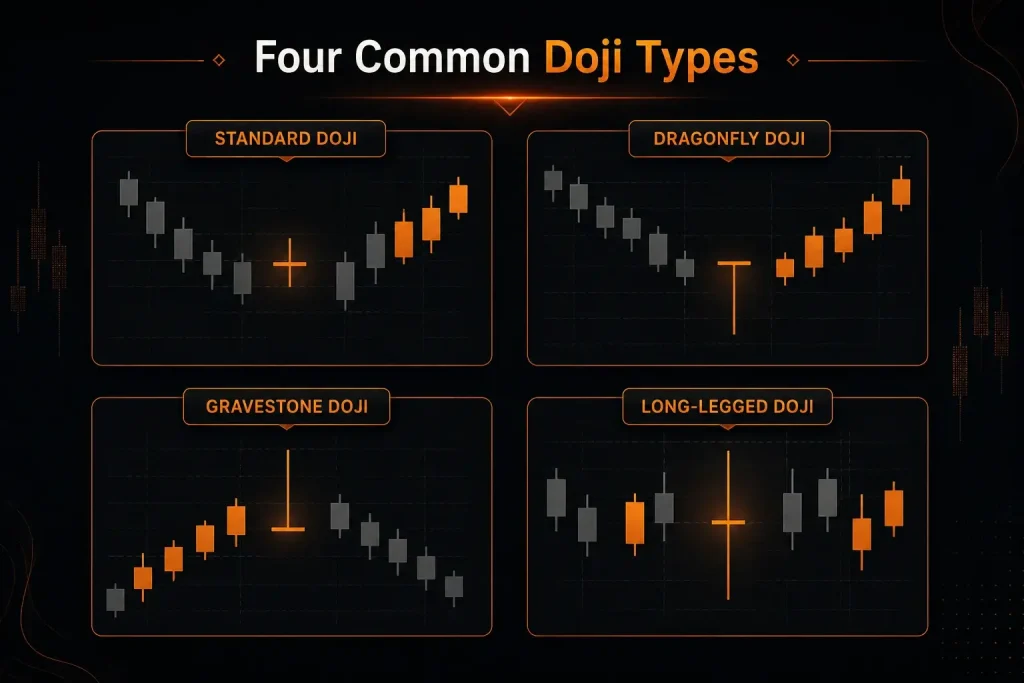 Four charts comparing standard, dragonfly, gravestone and long-legged doji candlestick patterns.