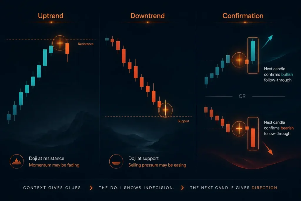 Doji candlestick examples at resistance and support with bullish and bearish confirmation candles.