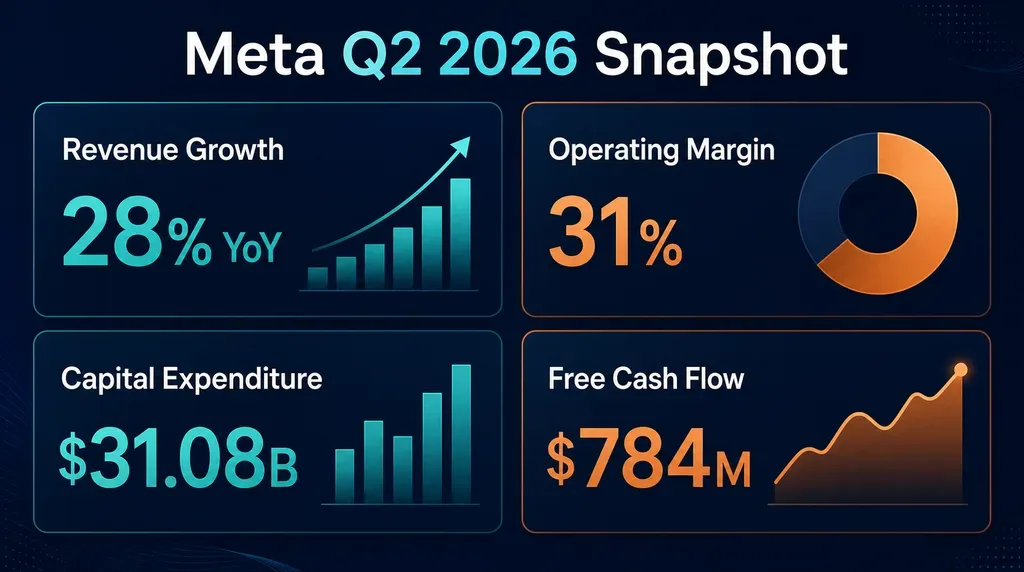 Meta Q2 2026 revenue growth, operating margin, capital expenditure and free cash flow Vantage Markets 