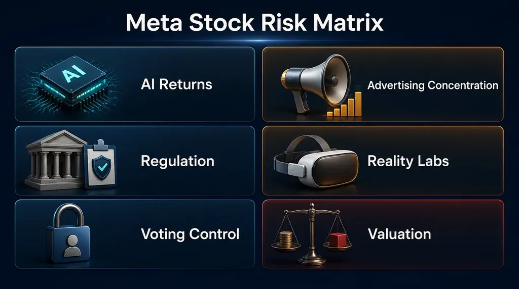 Meta stock risk matrix covering AI returns, advertising concentration, regulation, Reality Labs, voting control and valuation Vantage Markets 
