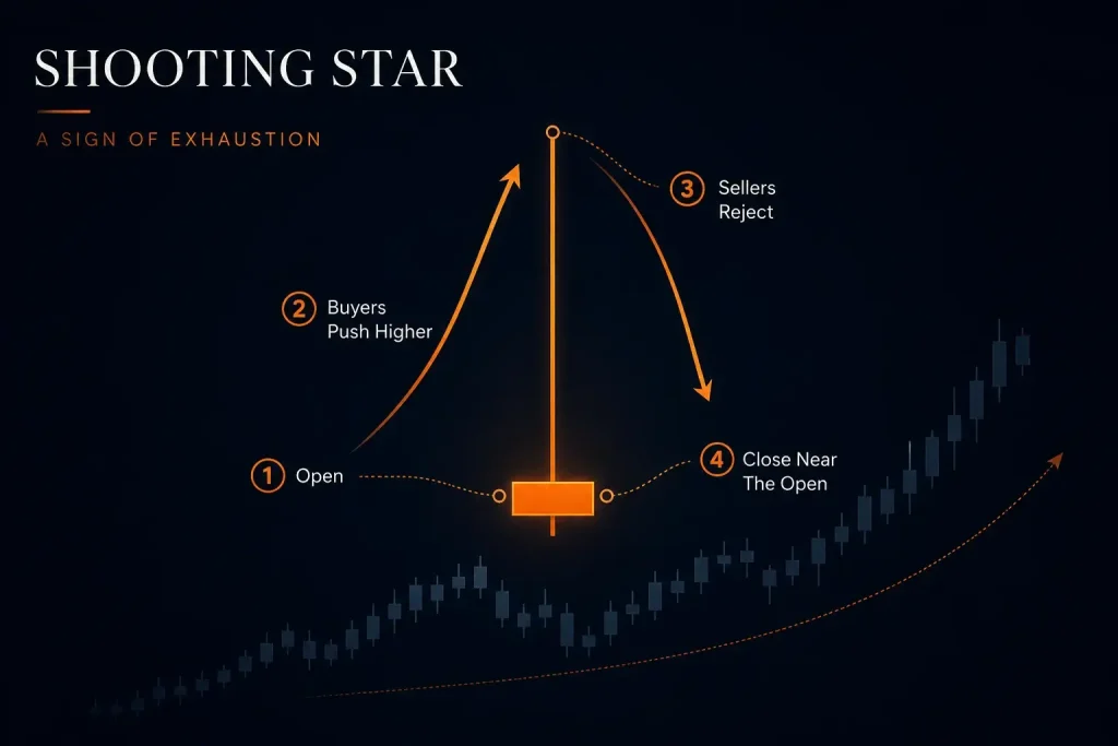 Shooting star candlestick diagram labelled with the open, buyer advance, seller rejection and close near the opening price.
