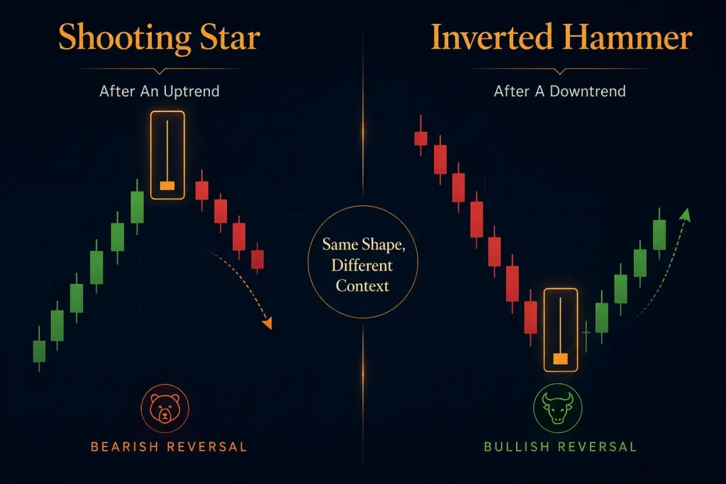 Comparison of shooting star and inverted hammer candlesticks showing the same shape in different trend contexts.