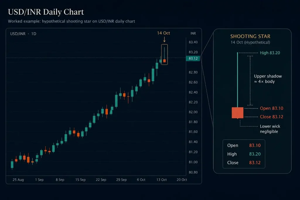 USD/INR daily chart showing a hypothetical shooting star with a long upper shadow, small body and negligible lower wick after an uptrend.