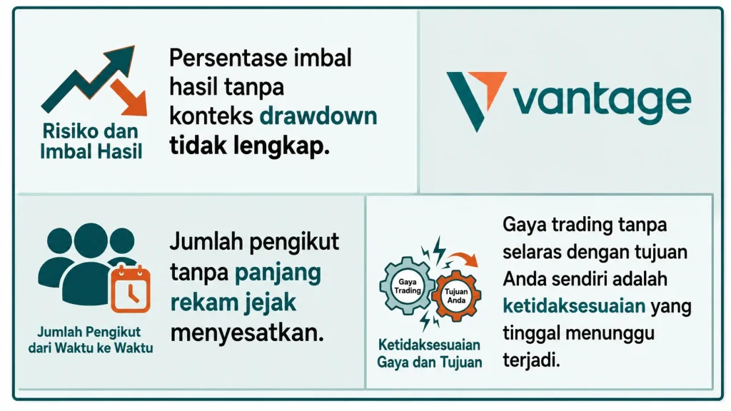 Infographic in Indonesian about trading risk and performance, showing charts, the word 'Risiko dan Imbal Hasil', and the Vantage logo in panels.