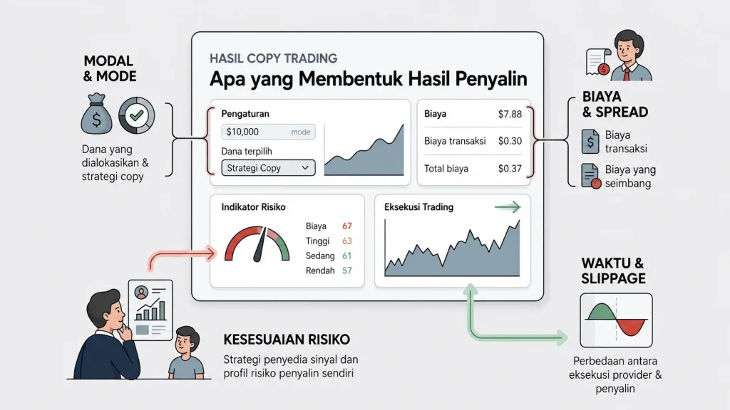 Infografis menjelaskan hasil copy trading: alokasi modal, biaya, risiko, dan eksekusi trading secara ringkas.