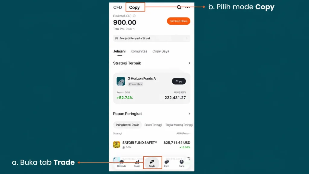 Tutorial screenshot of a mobile trading app showing the bottom Trade tab highlighted and the Copy button at the top; includes Indonesian text prompts.