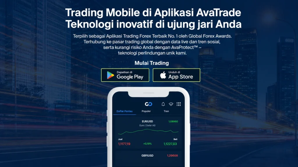 Promo banner for AvaTrade mobile app in Indonesian; shows trade app slogan, store badges, and a smartphone displaying a trading dashboard.