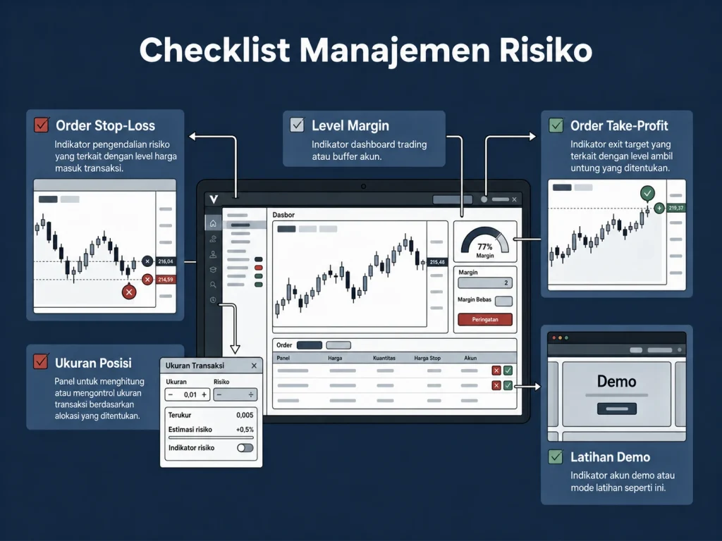 Infografis checklist manajemen risiko untuk platform trading, menampilkan Stop-Loss, Level Margin, Take-Profit, ukuran posisi, dan latihan demo di antarmuka.