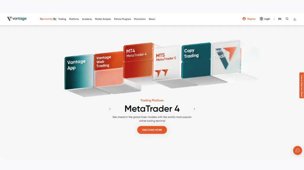 screenshot of Vantage Markets website for best day trading platforms