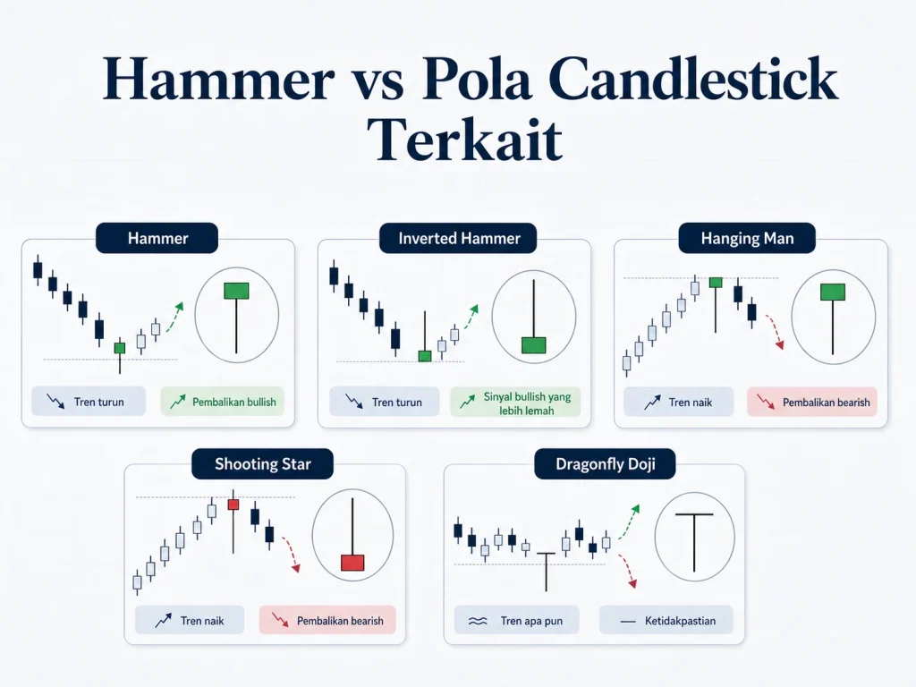 Infographic comparing candlestick patterns: Hammer, Inverted Hammer, Hanging Man, Shooting Star, and Dragonfly Doji with tiny chart examples and trend cues.