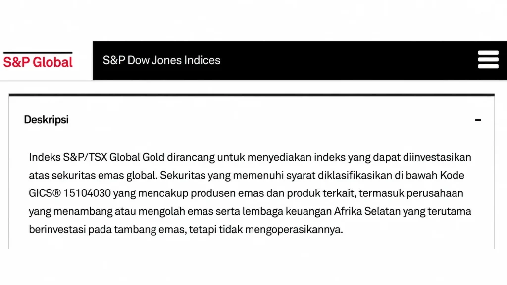 S&P Global logo and black header with 'S&P Dow Jones Indices', plus a 'Deskripsi' section containing Indonesian text about the S&P/TSX Global Gold index.