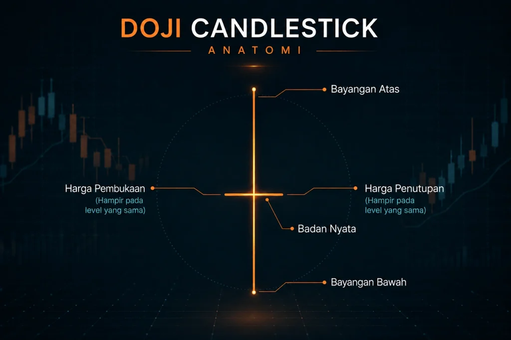 Diagram anatomi doji candlestick yang memberi label pada upper shadow, lower shadow, real body, open, dan close.