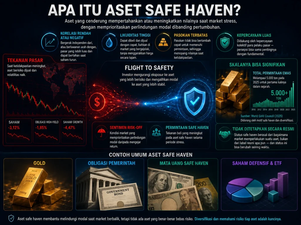 Infografis yang menjelaskan aset safe haven, termasuk emas, obligasi pemerintah, mata uang, saham defensif, karakteristik utama, dan risiko utamanya