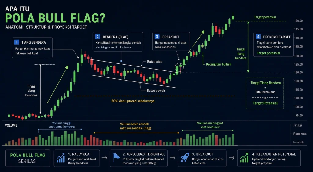 Diagram anatomi pola bull flag menunjukkan tiang bendera, bendera, dan titik breakout