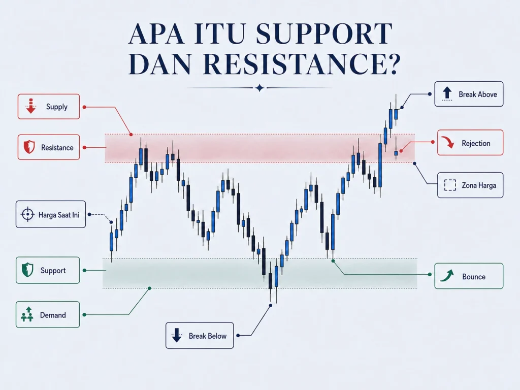 Contoh level support dan resistance pada grafik harga