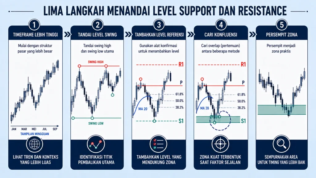 Infografis 5 langkah menandai support dan resistance