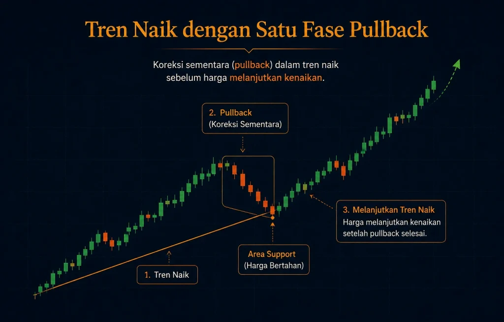 Ilustrasi pullback dalam tren naik pada grafik trading
