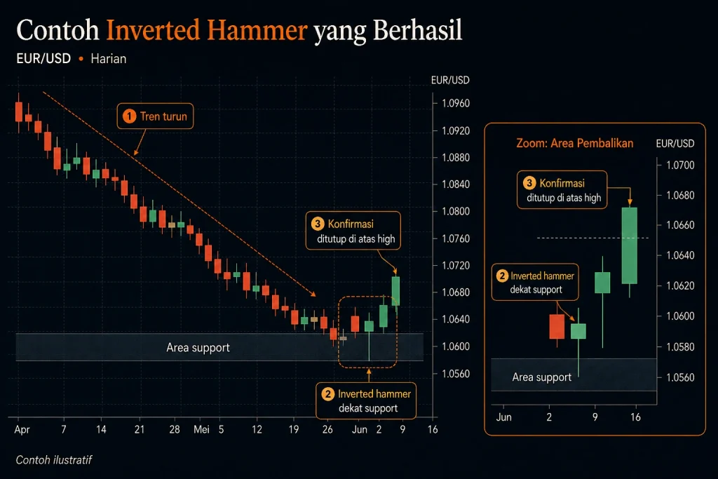 Contoh grafik EUR/USD dengan pola inverted hammer