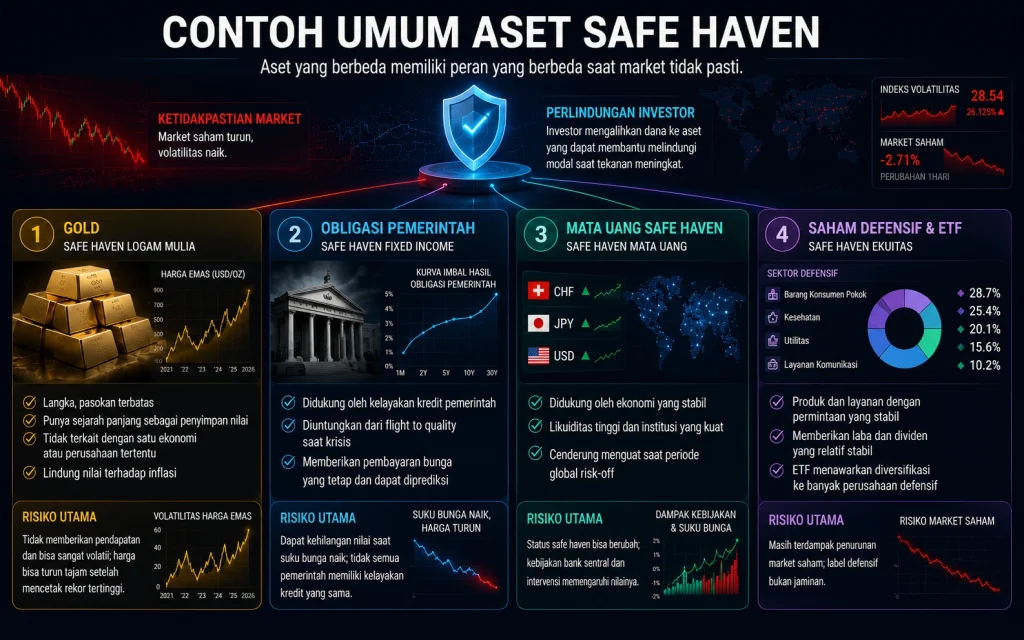 Infografis yang membandingkan emas, obligasi pemerintah, mata uang safe haven, serta saham dan ETF defensif, termasuk potensi keunggulan dan risiko utamanya