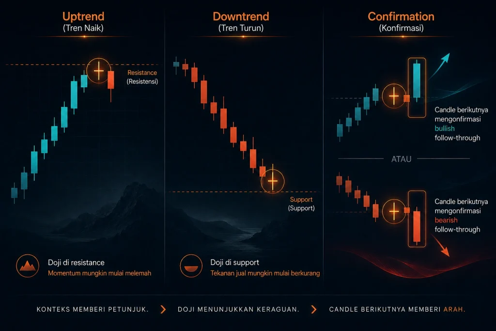 Contoh doji candlestick pada level resistance dan support dengan candle konfirmasi bullish dan bearish.