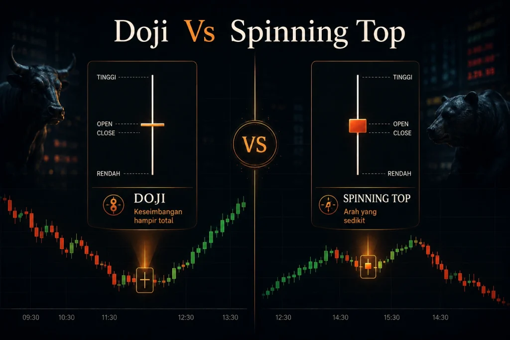 Perbandingan candlestick doji dan spinning top yang menunjukkan ukuran body, level open dan close, serta contoh pola chart.