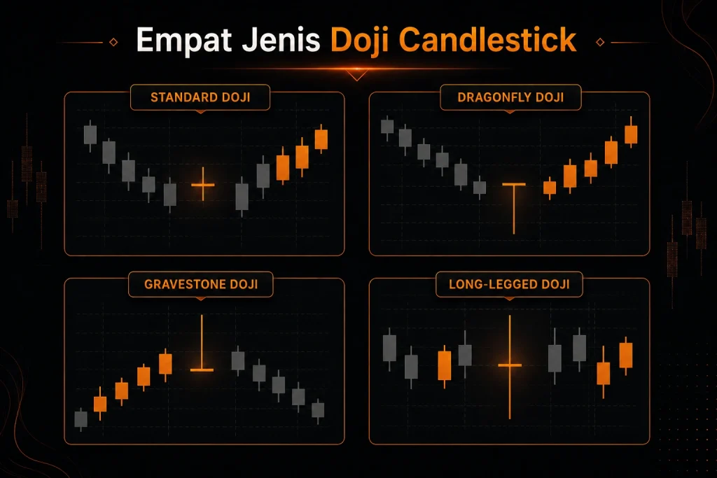 Empat chart yang membandingkan pola doji candlestick standard, dragonfly, gravestone, dan long-legged.