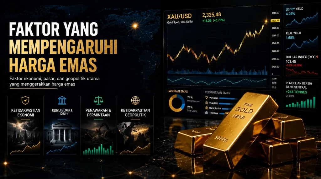 Infografis yang menjelaskan faktor-faktor utama yang memengaruhi harga emas, termasuk ketidakpastian ekonomi, suku bunga, penawaran dan permintaan emas, serta peristiwa geopolitik, disertai grafik harga XAU/USD secara live