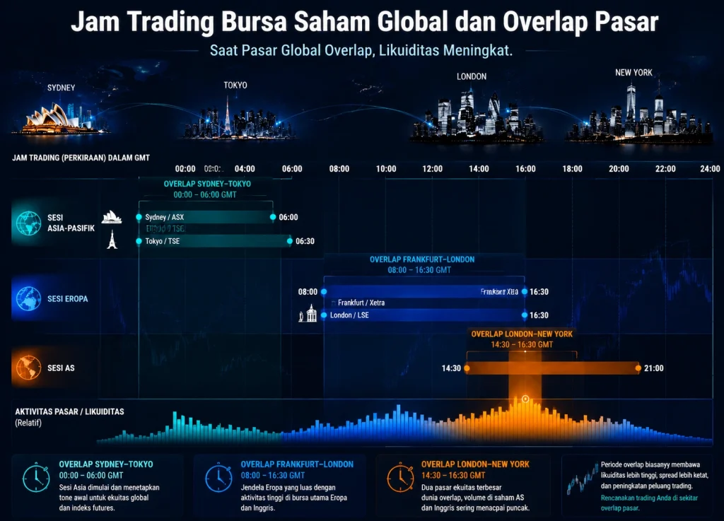 Infografis jam trading bursa saham global dan tumpang tindih pasar utama dalam GMT
