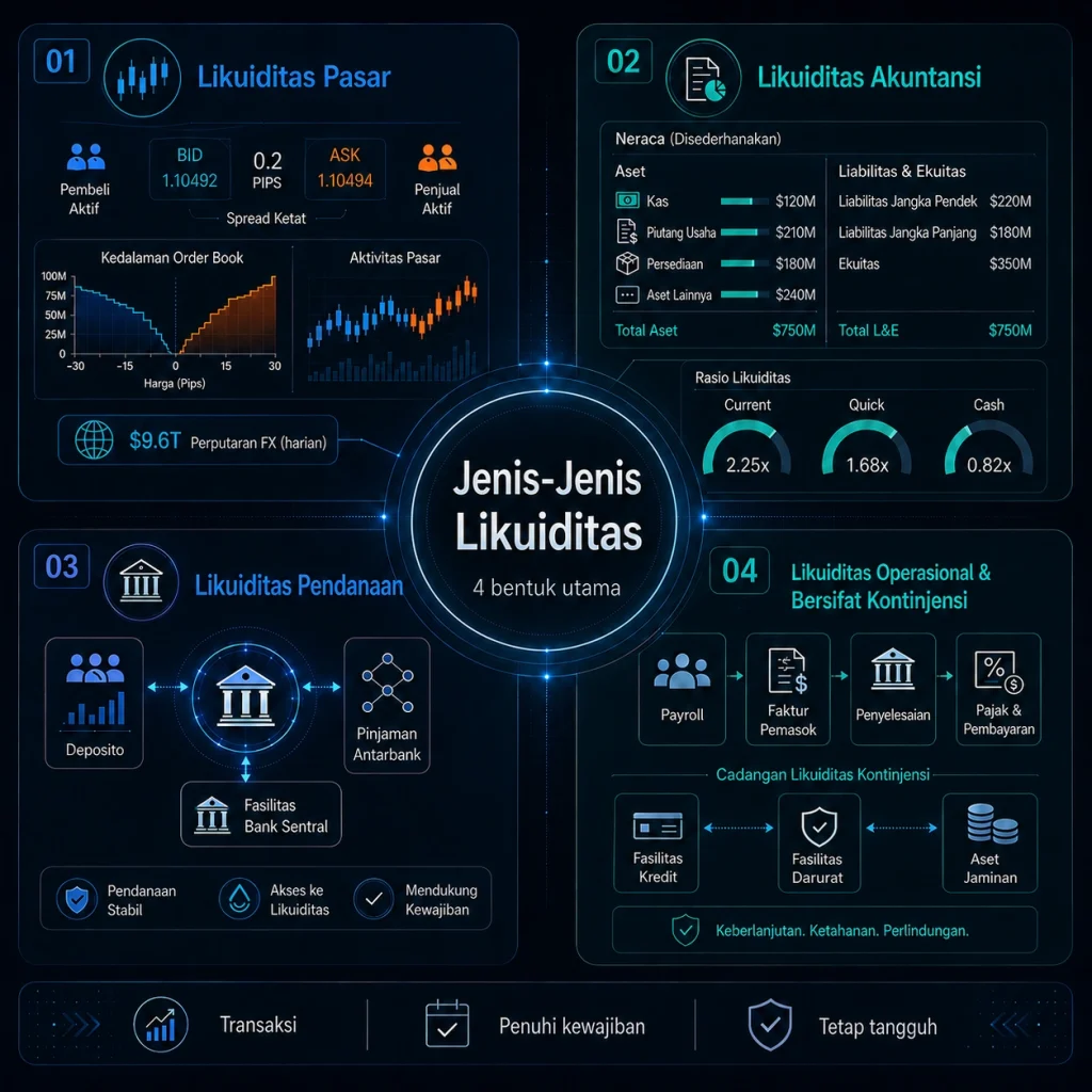 Infografis neon gelap menjelaskan empat jenis likuiditas: Pasar, Akuntansi, Pendanaan, Kontinjensi, dengan diagram pusat Jenis-Jenis Likuiditas di tengahnya.