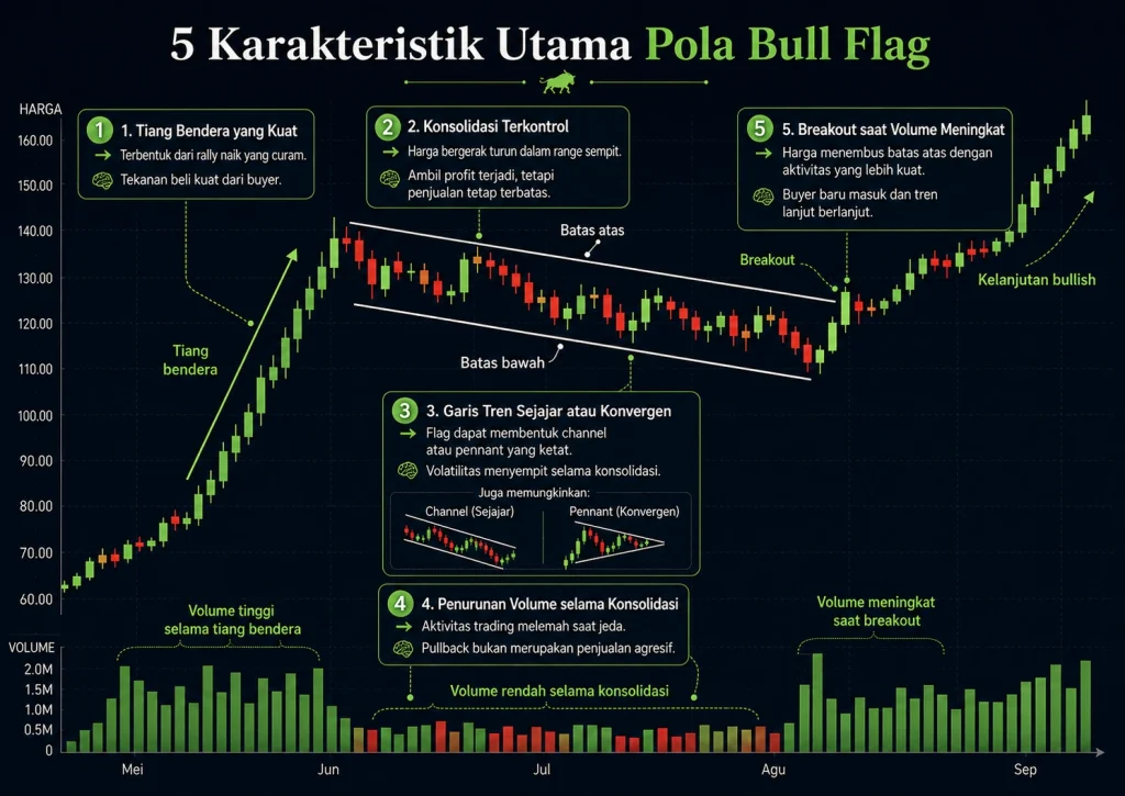  Ilustrasi lima karakteristik utama pola bull flag