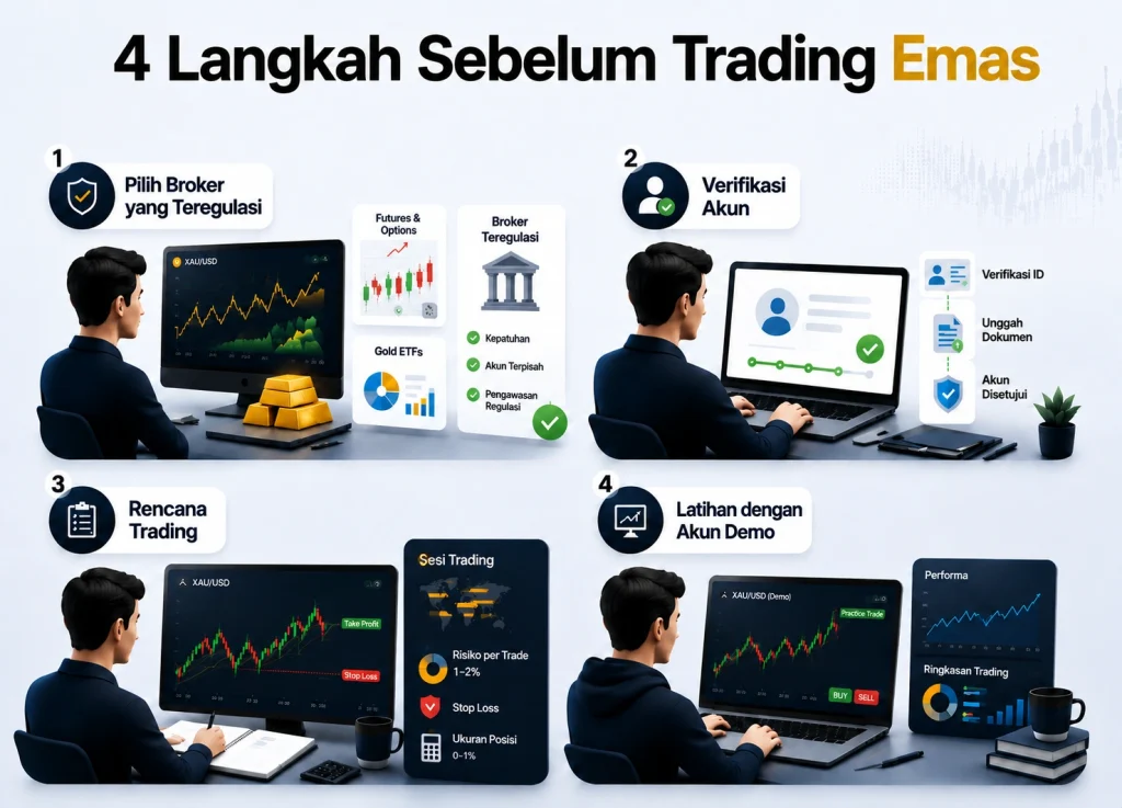 Infografis menampilkan empat langkah sebelum day trading emas: memilih jalur yang teregulasi, memverifikasi akun, membuat rencana trading, dan berlatih dengan akun demo.