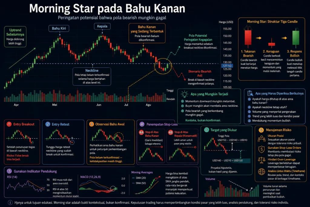 Contoh candle morning star yang terbentuk pada bahu kanan pola Head and Shoulders