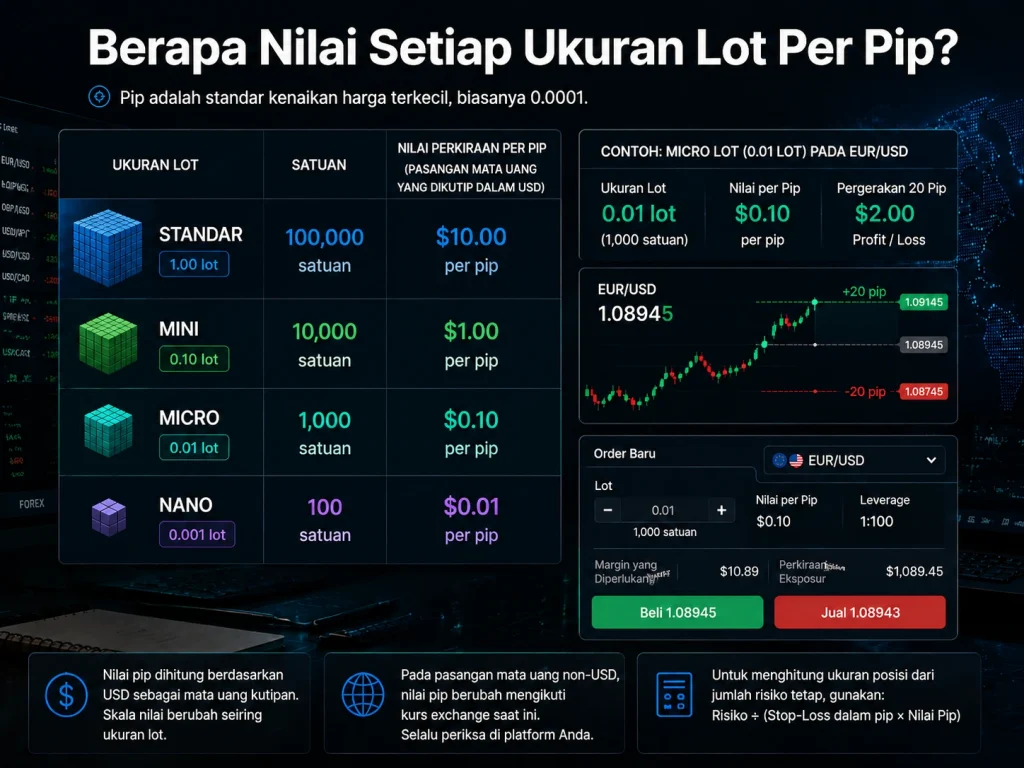 Infografis edukasi yang menjelaskan nilai pip dari ukuran lot forex standard, mini, micro, dan nano, termasuk contoh trading EUR/USD yang menunjukkan bagaimana ukuran lot memengaruhi nilai pip, ukuran posisi, dan potensi profit atau loss.